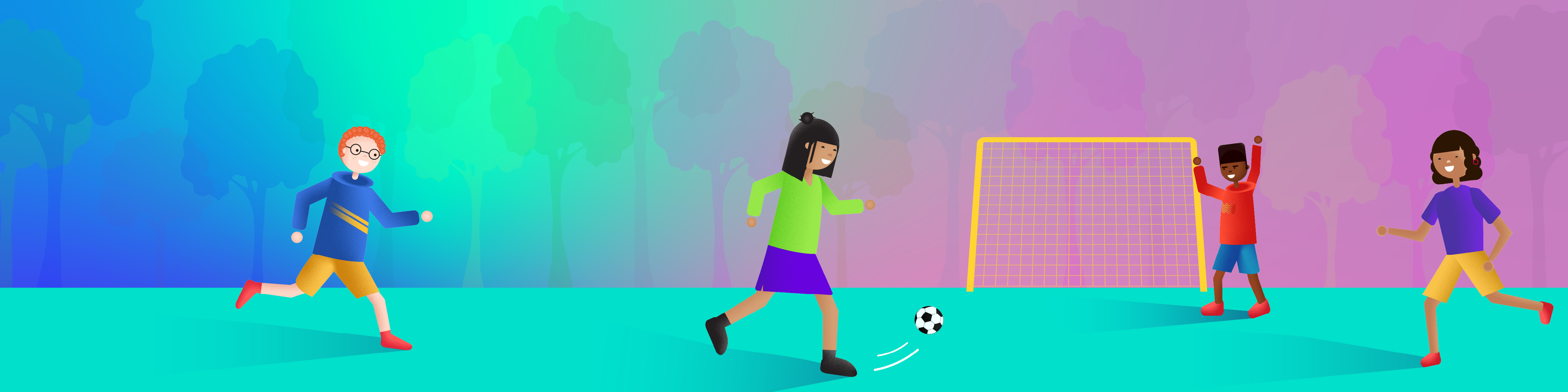 image of four children playing soccer