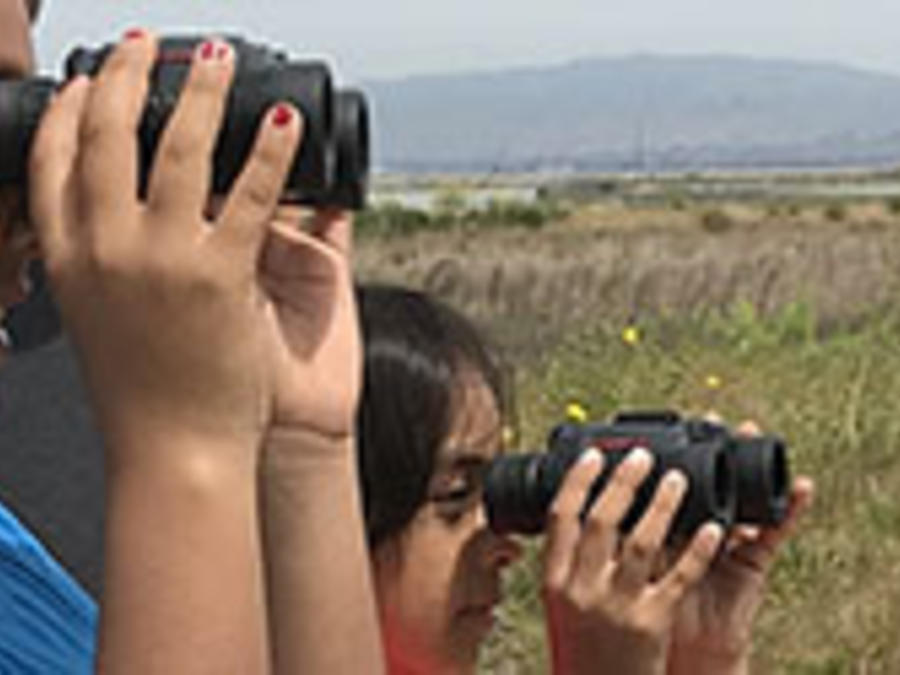 children holding binoculars